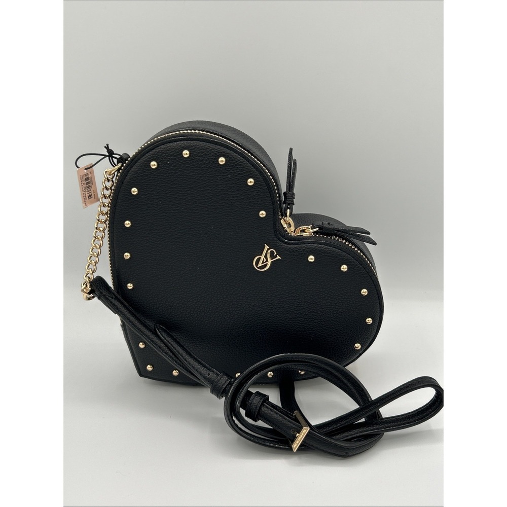 Victoria's Secret Black Heart Shaped Crossbody Bag Gold Studded Logo VS NWT